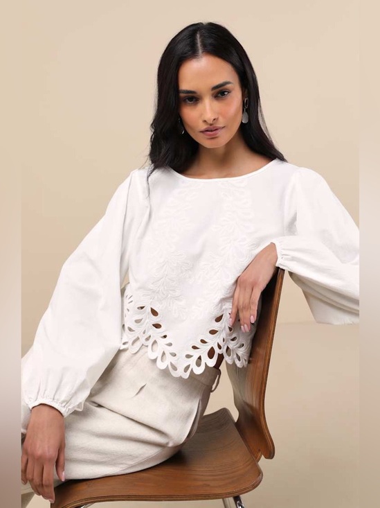 Lulus Tops - Lulus Adjoa White Embroidered Scalloped Blouson Sleeve Top